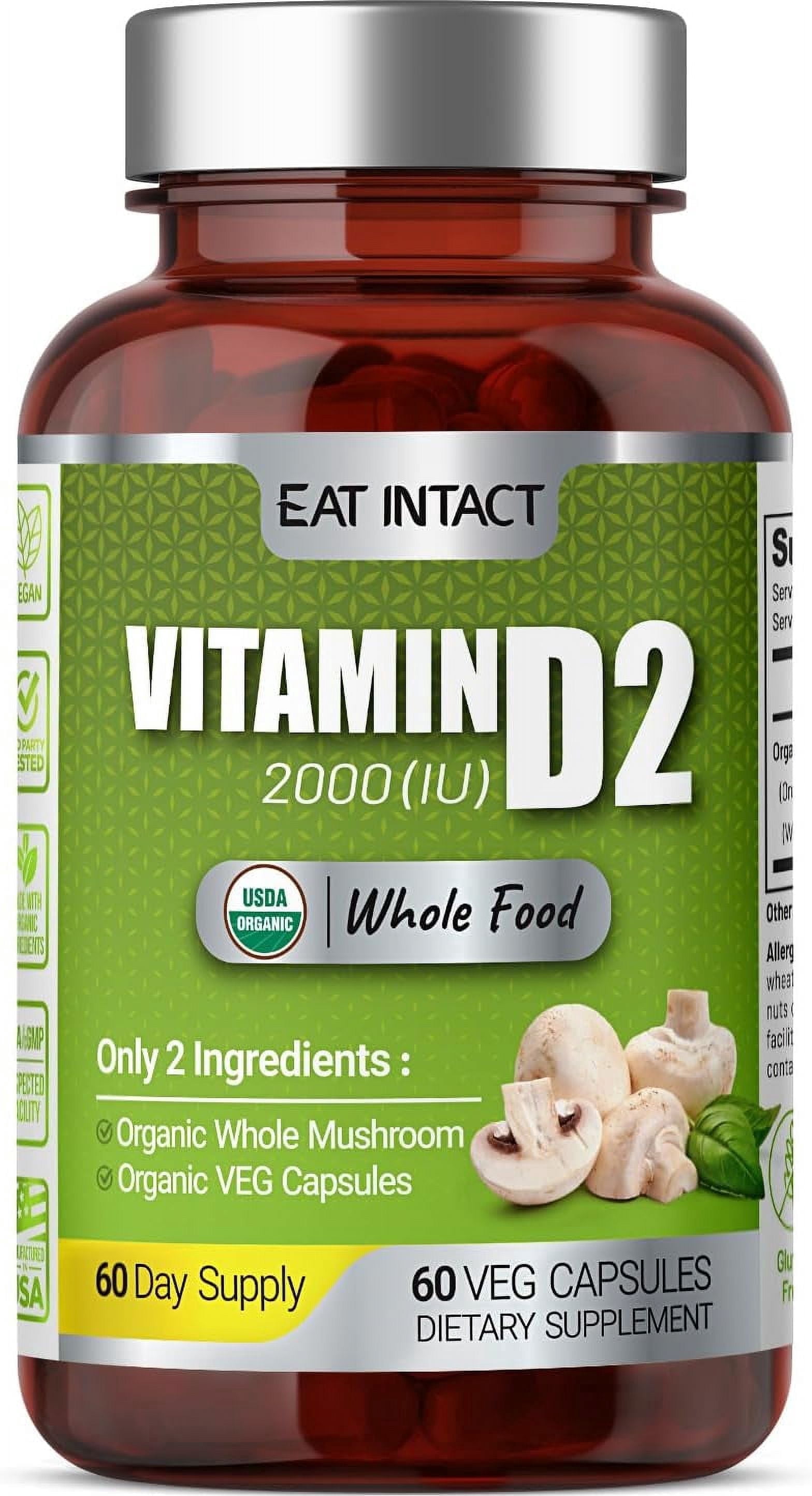 EAT INTACT Organic Vegan Whole Food Vitamin D, 2000 IU (50 mcg), Two Ingredients (Organic Whole Mushroom and Organic Vegan Capsule), Non-GMO, 60 Day Supply