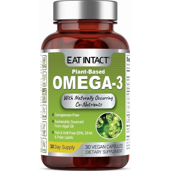EAT INTACT Vegan Omega 3 from Algae Oil Plant-Based, Unconcentrated EPA & DHA with Naturally Occurring Polar Lipids Fish & Krill Oil Alternative Carrageenan-Free, Non-GMO, 30 Vegan Capsules