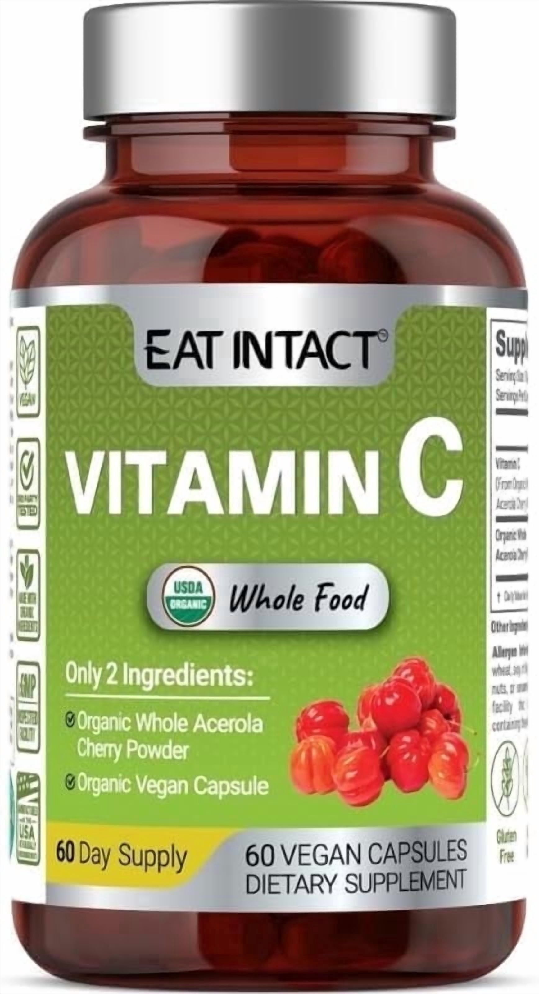 EAT INTACT Vegan Whole Food Vitamin C, Two Ingredients (Organic Whole Acerola Cherry Powder and Organic Vegan Capsule), Non-GMO, Third Party Tested, 60 Day Supply