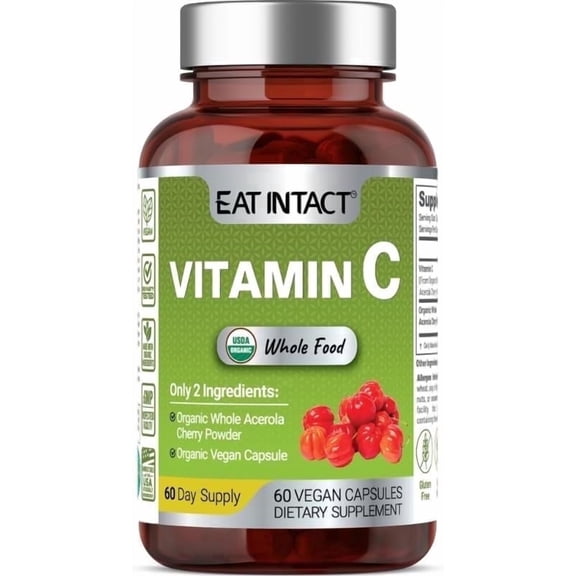 EAT INTACT Vegan Whole Food Vitamin C, Two Ingredients (Organic Whole Acerola Cherry Powder and Organic Vegan Capsule), Non-GMO, Third Party Tested, 60 Day Supply
