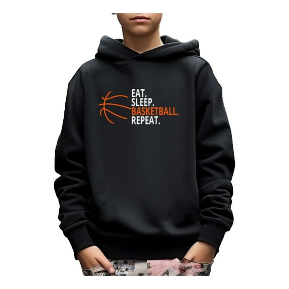 EAT SLEEP BASKETBALL REPEAT Letter Print Boys Long Sleeve Hoodie, Stay Stylish And Cozy Sweatshirt - Perfect Spring Fall Winter Essential For Your Little Fashionista!