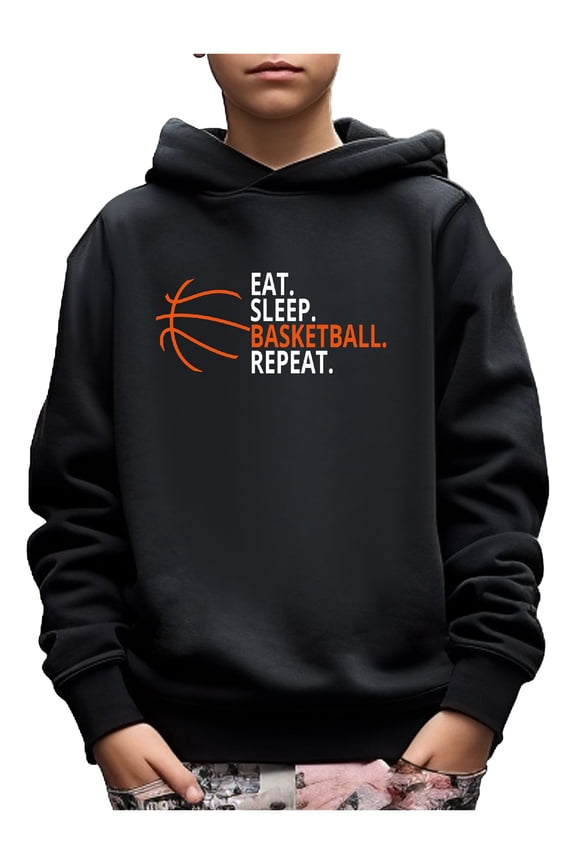 EAT SLEEP BASKETBALL REPEAT Letter Print Boys Long Sleeve Hoodie, Stay Stylish And Cozy Sweatshirt - Perfect Spring Fall Winter Essential For Your Little Fashionista!