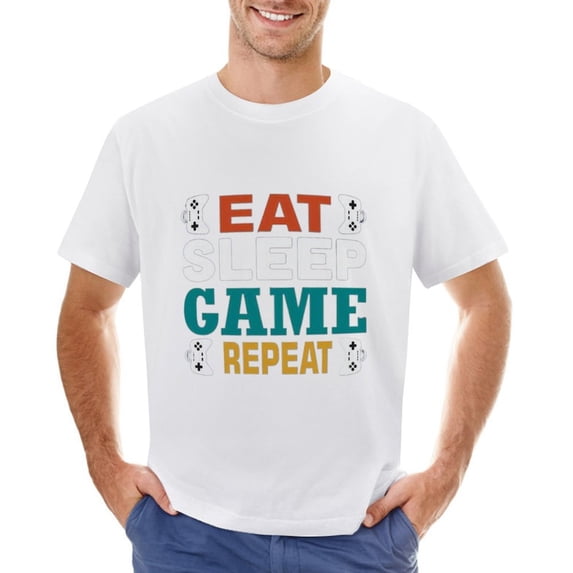 EAT SLEEP GAME REPEAT Men’s T-Shirt 100% Cotton Casual Short Sleeve Tops Gift Tee White XL