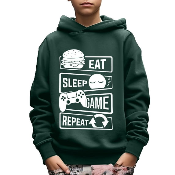 "EAT SLEEP GAME REPEAT" Print Casual Graphics Hoodie For Kids, Stylish Pullover Long Sleeve Top, Boy's Clothes, As Gift
