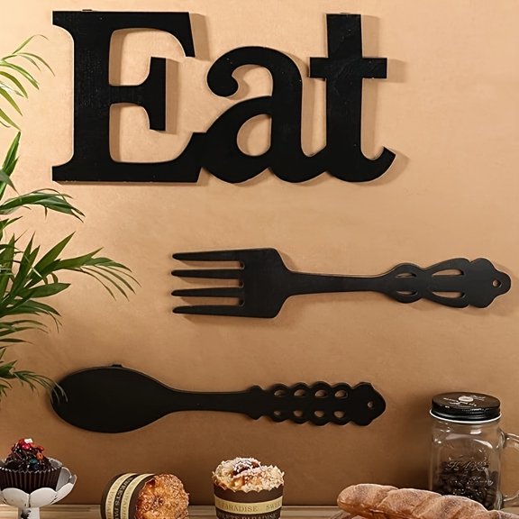 EAT Sign Wall Decor with Fork and Spoon, Rustic Wood Kitchen Letters for Dining Room