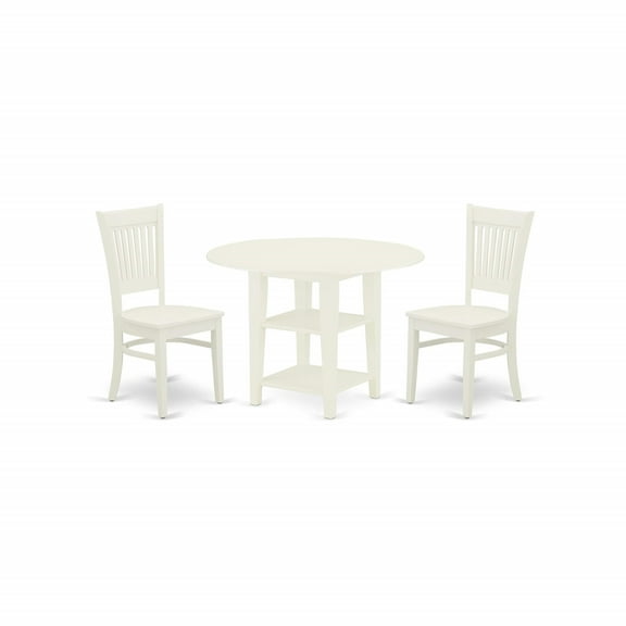 EAT WEST FURNITURE, SUVA3-LWH-W, 3-Piece Dining Table Set, Linen White Finish, Wood Chairs, Round Table, Durable & Easy to Clean, Perfect for Small Spaces, Ergode
