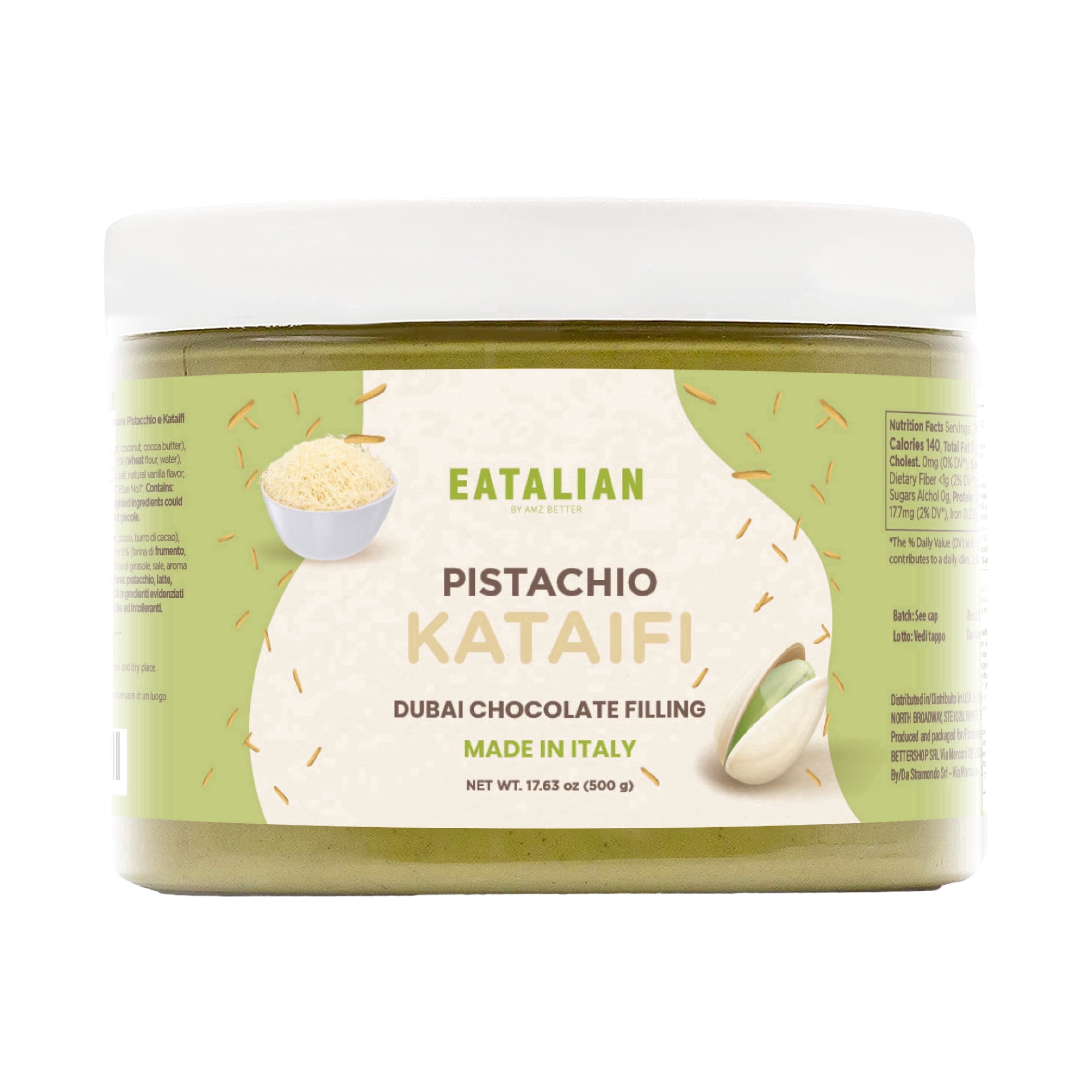 EATALIAN by AMZ BETTER Pistachio Cream with Kataifi, 17.63 oz/500 gr, Spreadable Paste, Sweet and Unique Taste, Ideal on Bread, for Cakes, Dessert, Excellent for Dubai Chocolate, Made in Italy