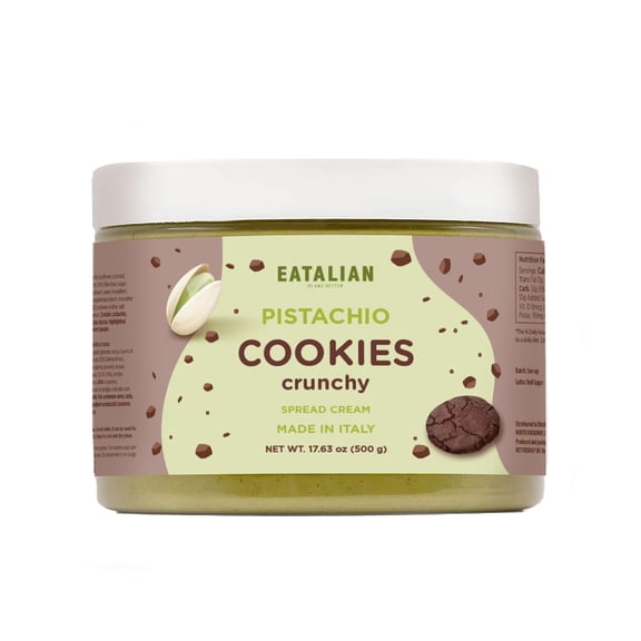 EATALIAN by AMZ BETTER Pistachio Cream with Sweet Crunchy Cookies, 17.63 oz/500 gr, Delicious Spread with a Uniquely Sweet Taste, Ideal on Bread, Excellent for Dubai Chocolate, Made in Italy