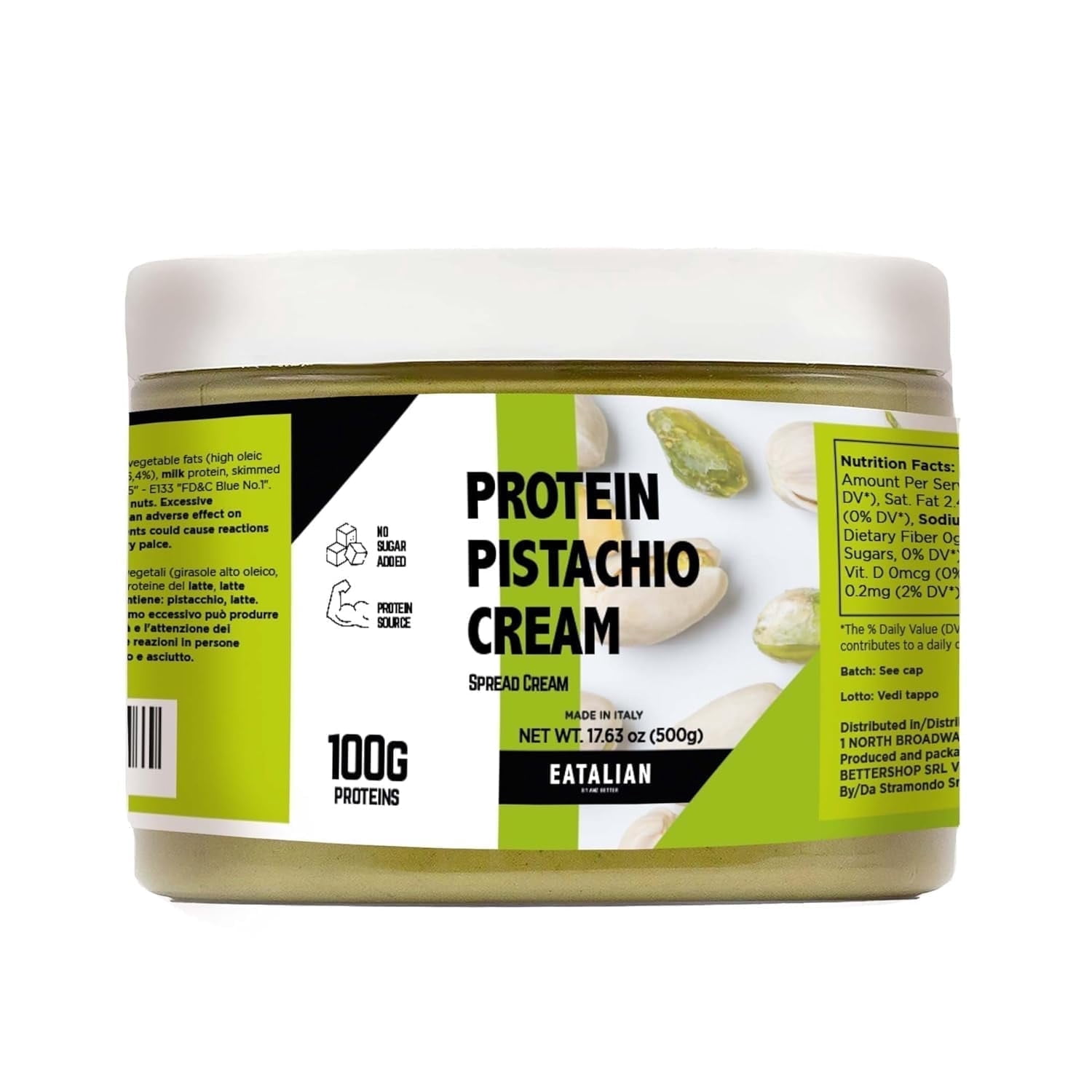 EATALIAN by AMZ BETTER Protein Cream, 17.63 oz/ 500 gr, Pistachio Paste with 94 g of Proteins, Made in Italy, Sweet and Unique, Taste Ideal on Bread and Excellent for Dubai Chocolate