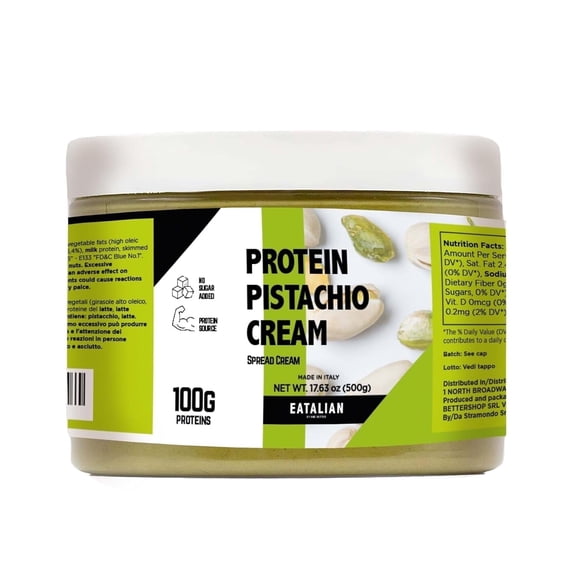 EATALIAN by AMZ BETTER Protein Cream, 17.63 oz/ 500 gr, Pistachio Paste with 94 g of Proteins, Made in Italy, Sweet and Unique, Taste Ideal on Bread and Excellent for Dubai Chocolate