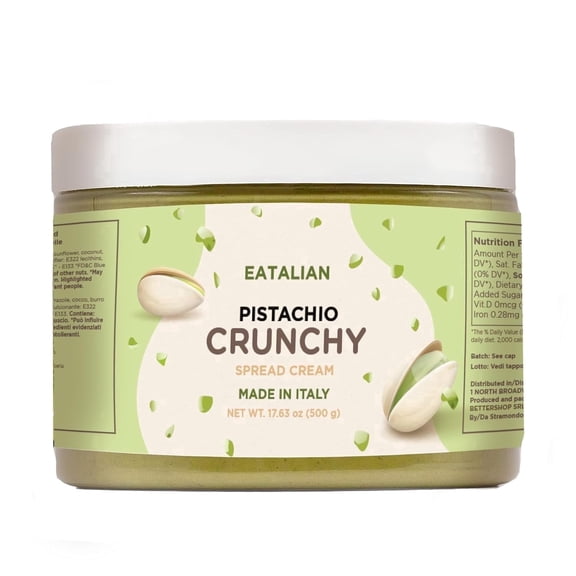 EATALIAN by AMZ BETTER Spreadable Crunchy Pistachio Cream 17.63 oz/500 gr, Pistachio Cream with Grains, Protein Paste, Sweet Taste, Ideal on Bread and Excellent for Dubai Chocolate, Made in Italy