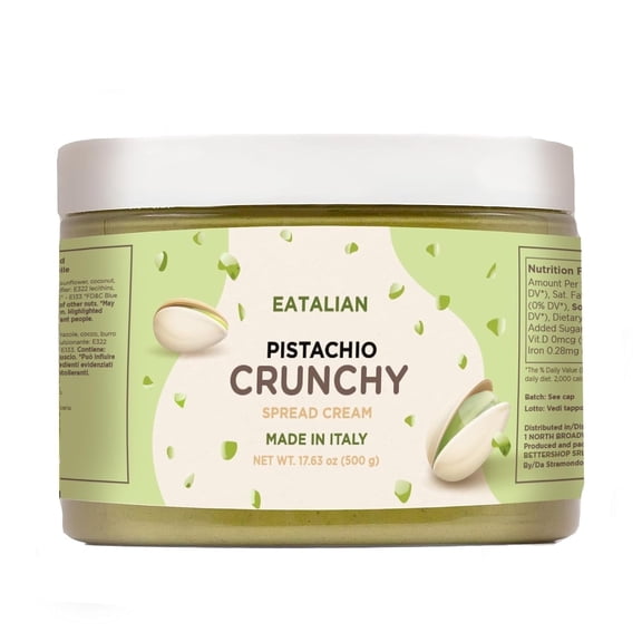 EATALIAN by AMZ BETTER Spreadable Crunchy Pistachio Cream 17.63 oz/500 gr, Pistachio Cream with Grains, Protein Paste, Sweet Taste, Ideal on Bread and Excellent for Dubai Chocolate, Made in Italy