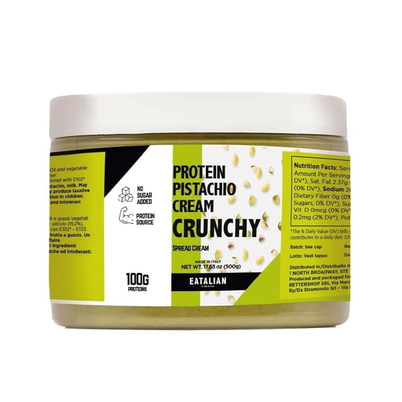 EATALIAN by AMZ BETTER Spreadable Crunchy Pistachio Protein Cream 17.63 oz/ 500 gr, Pistachio Cream with Grains, Protein Paste, Sweet Taste, Ideal on Bread Excellent for Dubai Chocolate, Made in Ital