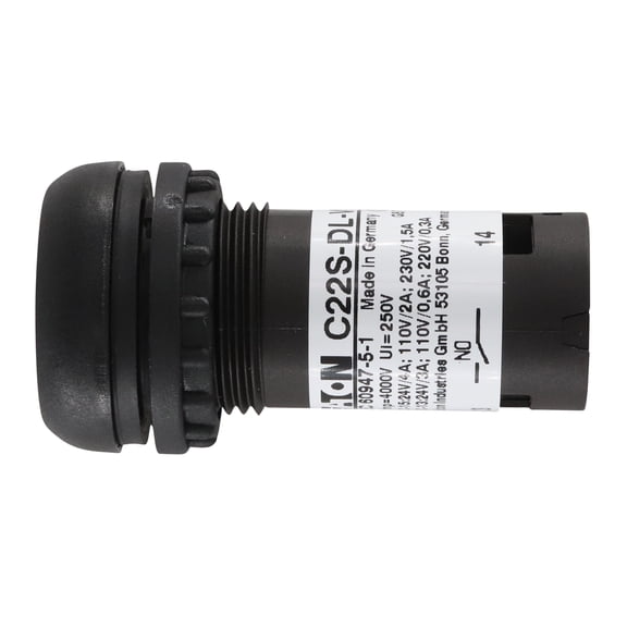 EATON C22S-DL-W-K10-120 Pushbutton Switch, Illuminated, Flush Mounted, Momentary Operation, White LED Color, Black Bezel Color, SPST-NO Contacts, 120VAC Voltage