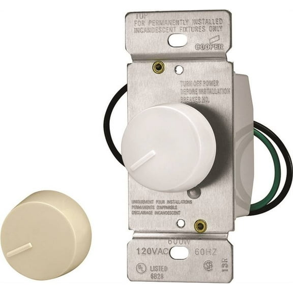 Eaton Wiring Devices RI061-VW-K2 Rotary Dimmer, 120 V, 600 W, Halogen, Incandescent Lamp, Single-Pole, Ivory/White