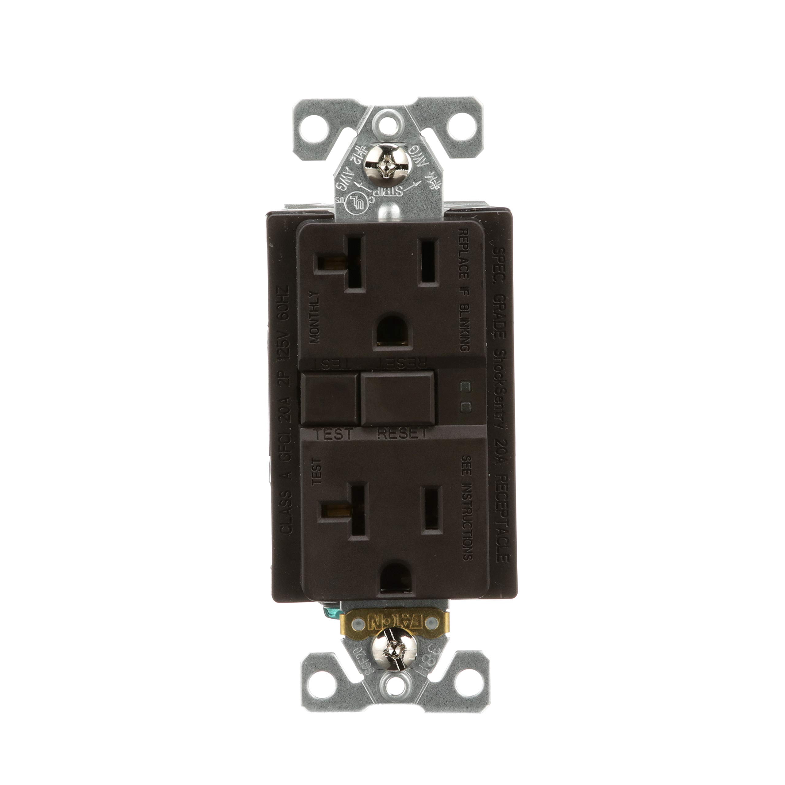 EATON SGF20B Arrow Hart Duplex Gfci Receptacle, 125 Vac, 20 A, 2 Pole, 3 Wire, Brown
