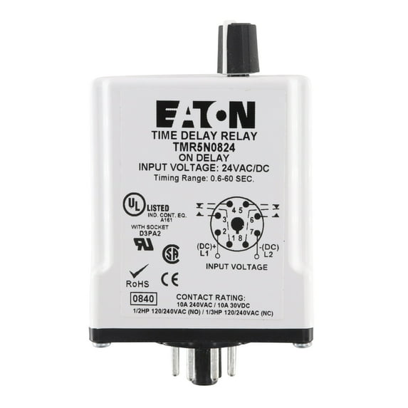 EATON TMR5N0824 Time Delay Relay, On Delay, 0.6-60 Second, 8-Pin, 10A, 240VAC, 24VAC/DC
