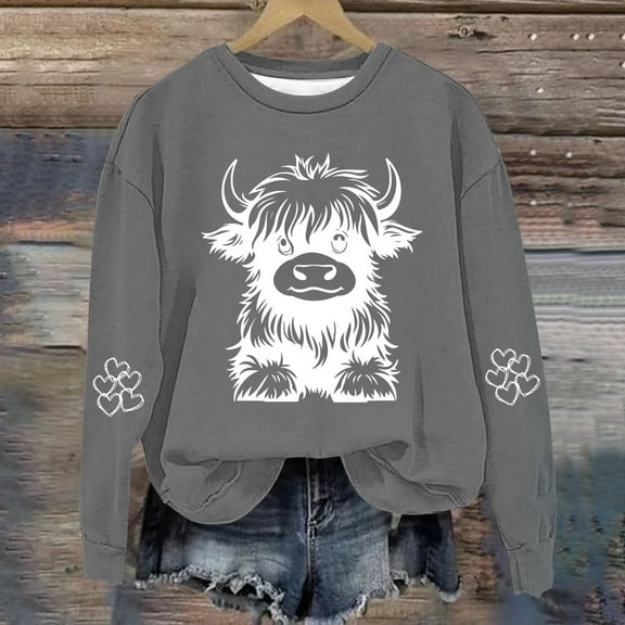 EAUFUM Cat Sweatshirts for Girls Funny Crewneck Highland Cow Printed Pullover Shirts Casual Loose Long Sleeve Graphic Tees for Teens 1-14 Years Casual Holiday Clothes Ropa De NiñO