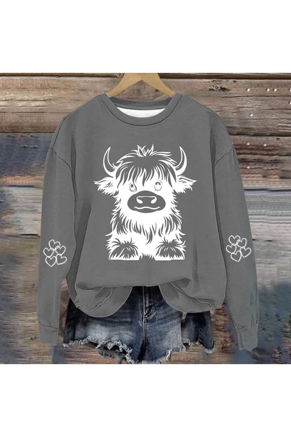 Cat Sweatshirts for Girls Funny Crewneck Highland Cow Printed Pullover Shirts Casual Loose Long Sleeve Graphic Tees for Teens 1-14 Years Casual Holiday Clothes Ropa De NiñO