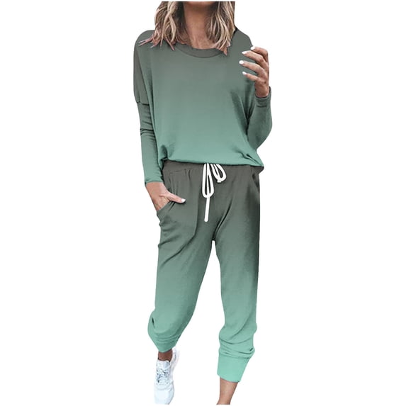 EAUFUM Fall Outfits for Women 2024 Ombre 2 Piece Sets Going Out Sweatshirt and Joggers Set Drawstring Pants Casual Sweatsuits Tracksuit Loose Fit Crew Neck Pullover Top Cruise Airport Travel Outfit