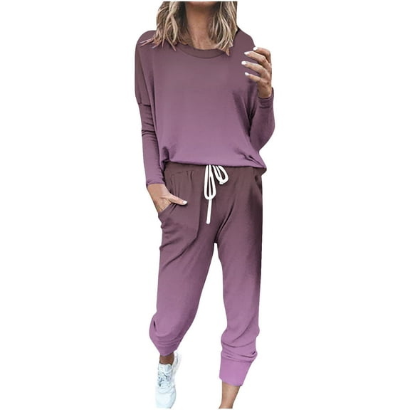 EAUFUM Fall Outfits for Women 2024 Ombre 2 Piece Sets Going Out Sweatshirt and Joggers Set Drawstring Pants Casual Sweatsuits Tracksuit Loose Fit Crew Neck Pullover Top Cruise Airport Travel Outfit