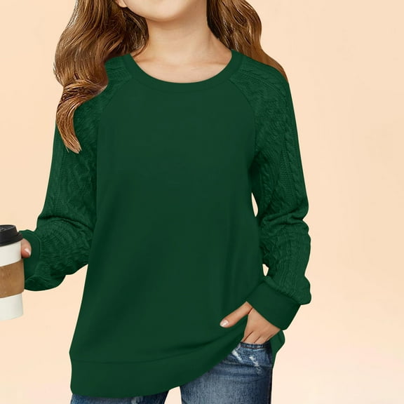 EAUFUM Girls Long Sleeve Shirts Kids Comfortable Lace Crew Neck Top Basic Solid Color Blouses Sizes 4-12 Years Casual Holiday Clothes Camisa Para NiñA