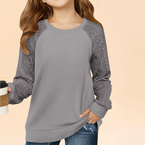 EAUFUM Girls Long Sleeve Shirts Kids Comfortable Lace Crew Neck Top Basic Solid Color Blouses Sizes 4-12 Years Casual Holiday Clothes Camisa Para NiñA