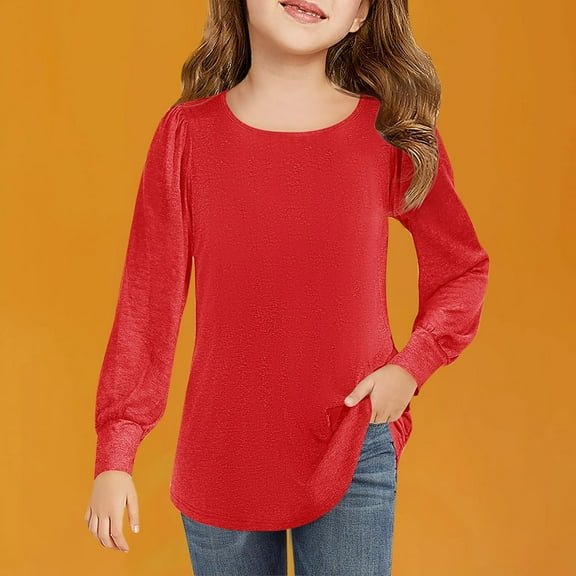 EAUFUM Girls Long Sleeve T-Shirts Lace Crewneck Casual Plain Stretchy Ribbed Knit Blouses Tops 4-13 Years Casual Holiday Clothes Camisa Para NiñA