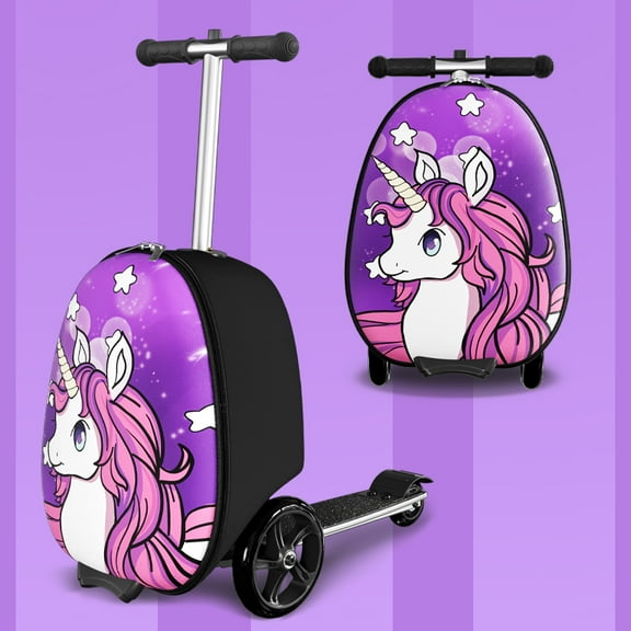 EAYSG 2-in-1 Kids Scooter Luggage with LED Lights,Ride-On Carry-On Suitcase for Children Ages 5-12, Foldable, Lightweight Travel Suitcase,Purple