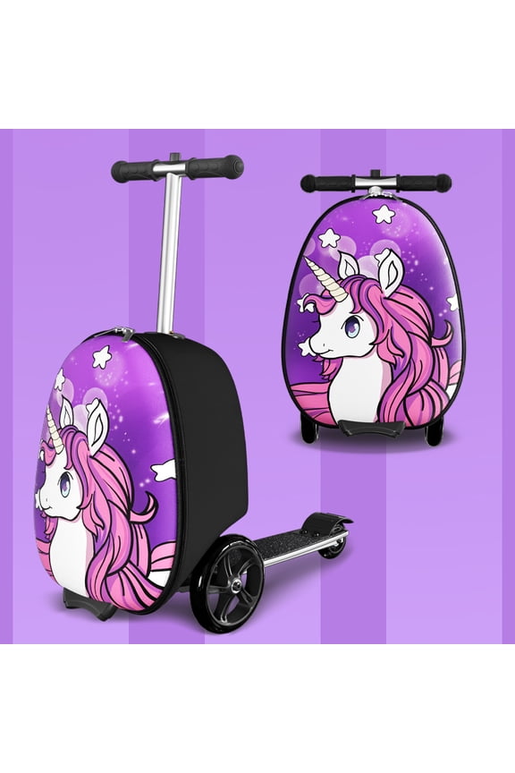 2-in-1 Kids Scooter Luggage with LED Lights,Ride-On Carry-On Suitcase for Children Ages 5-12, Foldable, Lightweight Travel Suitcase,Purple