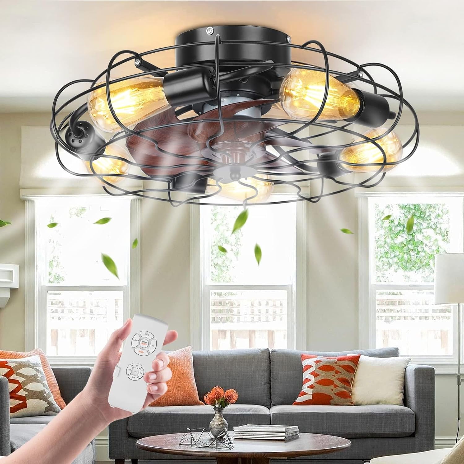 EAYSG 21inch Caged Ceiling Fans with 6 Light & Remote Control, 3Speed