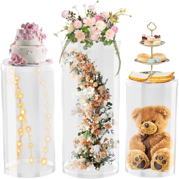 EAYSG 3-Piece Clear Cylinder Pedestal Stand Set Sturdy PVC Display Bases for Parties, Weddings, and Home Decor