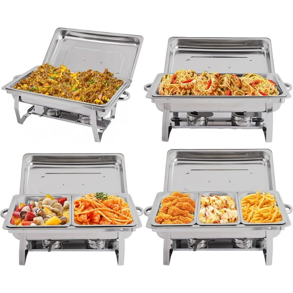 EAYSG 4 Pack 8QT Chafing Dish Buffet Set with 2 Full Size, 2 Half Size, 3 1/3 Size Food Pans, Stainless Steel Buffet Chafers Catering Food Warmers for Party/Buffet/Wedding/Banquet/Catering Events