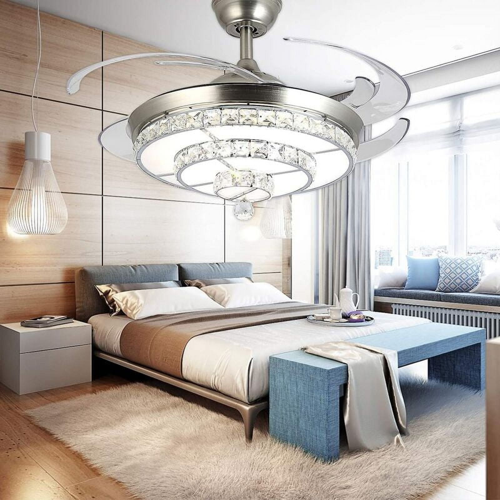 EAYSG 42'' Crystal Ceiling Fans with Lights,LED 3 Color Remote Control Retractable Invisible Blades 3 Speeds Indoor Ceiling Light with Fans