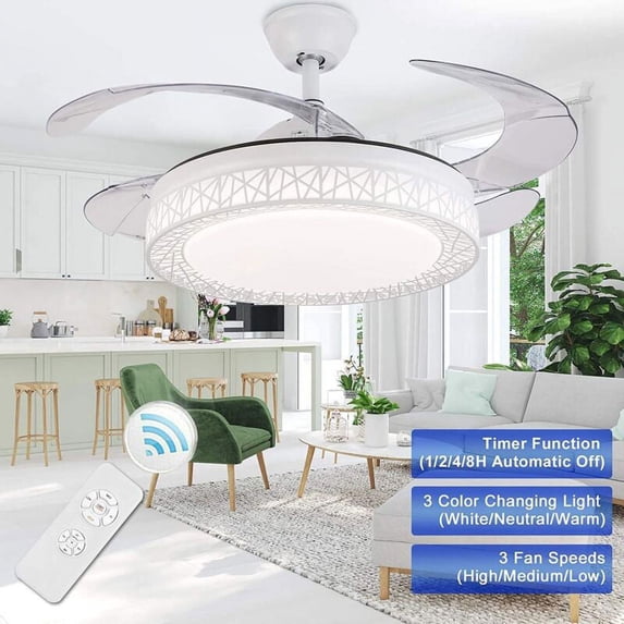 EAYSG 42 Inch Ceiling Fan with Lights Invisible Ceiling Fan Chandelier 3 Color 3 Speeds 4 Retractable ABS Blades for Bedroom Living Room Dining Room Decoration