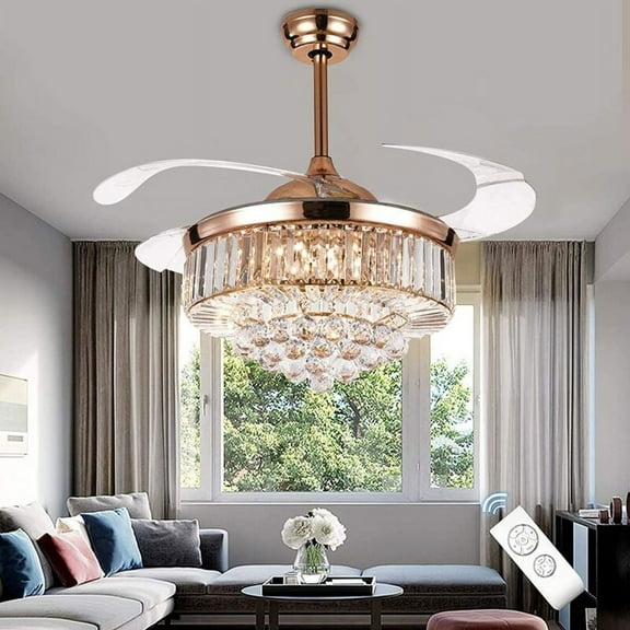 EAYSG 42"Invisible Ceiling Fan Chandelier ,Modern Crystal Ceiling Fan Light Remote Control 4 Retractable ABS Blades