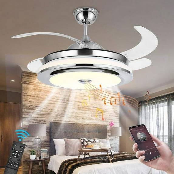 EAYSG 42'' Reversible Bluetooth Ceiling Fan with Light and Speaker, LED Dimmable Fandelier Ceiling Fan Light with Remote Control Retractable Invisible Music Player Chandelier for Living Room