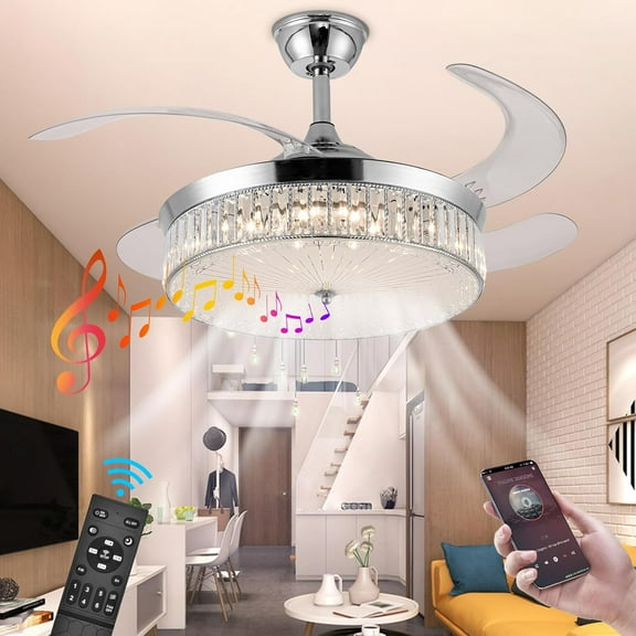 EAYSG 42Inch Crystal Ceiling Fans with Lights Smart Bluetooth Music Player, LED Stepless Dimmable,Remote Control Retractable Invisible Blades 6 Speeds Indoor Fandelier for Living Room Bedroom