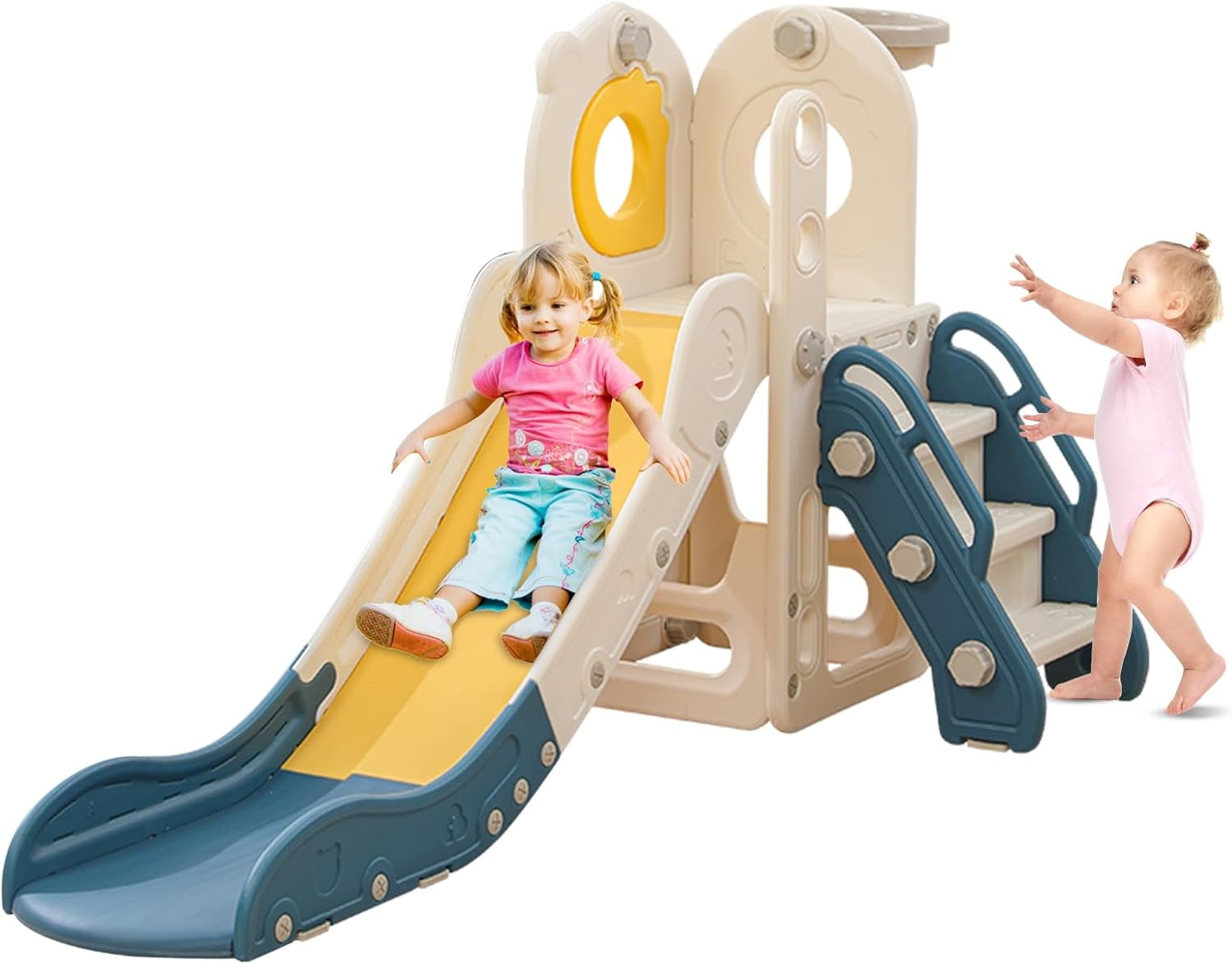 EAYSG 5 in 1 Toddler Slide,Freestanding Toddler Slide, L Shaped Slide with Basketball Hoop，Baby Climber for Indoor Outdoor(S/Beige Blue)