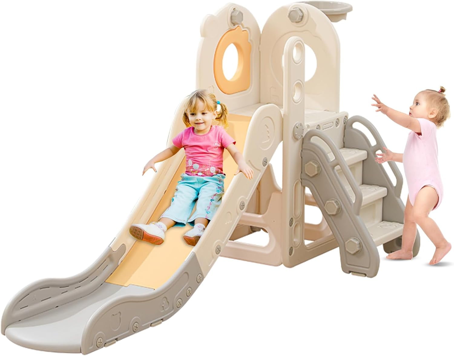 EAYSG 5 in 1 Toddler Slide,Freestanding Toddler Slide, L Shaped Slide with Basketball Hoop，Baby Climber for Indoor Outdoor(S/Beige Grey)
