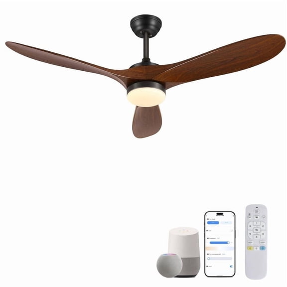EAYSG 52in Smart Flush Mount Ceiling Fans with Lights,Outdoor Low Profile Wood Ceiling Fan Quiet DC Motor,Work with Voice Control/App/Remote,Dimmable,6-speed,Dark Walnut