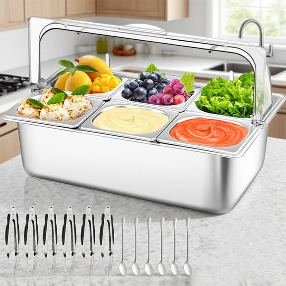 EAYSG 6-Pan Stainless Steel Food Serving Display Container with Clear Roll Top Cover - Insulated Salad Sushi Buffet Tray for Restaurant, Party, Catering (21 x 13 x 13 Inches)