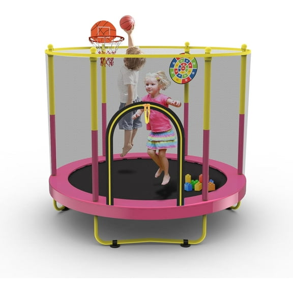 EAYSG 72" Trampoline for Kids with Net,6 FT Indoor & Outdoor Small Toddler Trampoline with Basketball Hoop & Dart Board(Pink/Yellow)