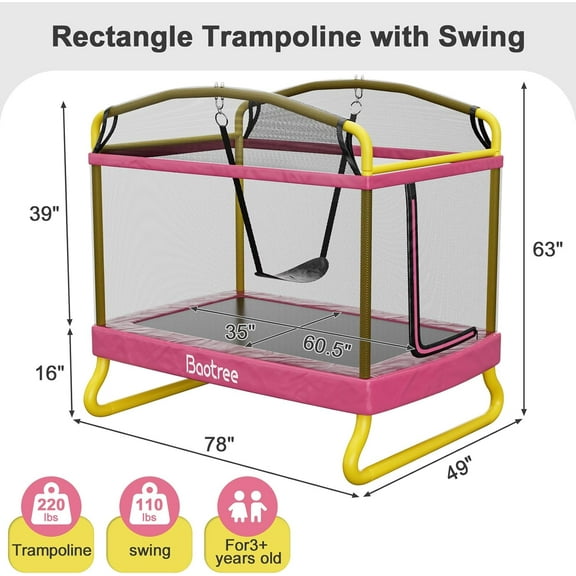 EAYSG 78" Kids Trampoline with Swing, 220lb Capacity Indoor/Outdoor Rectangular Bouncer for Ages 3-8, 32 Galvanized Springs & Safety Enclosure Net, Heavy-Duty Steel Frame(Yellow/Pink)