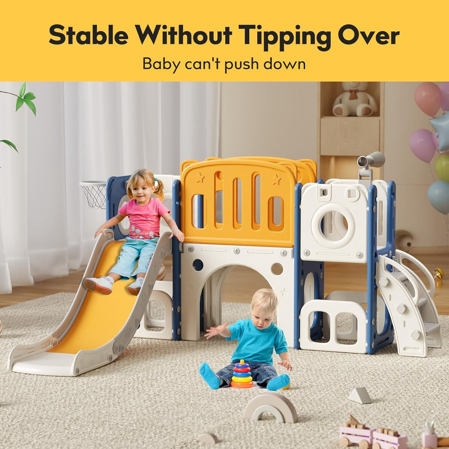 EAYSG 8 in 1 Toddler Dual-Platform Slide,Kids Slide Playset for Toddler,Indoor Outdoor Slide Toddler Playset with Ball & Hoop, Storage Space and Non-Slip Steps (L/Blue Orange)