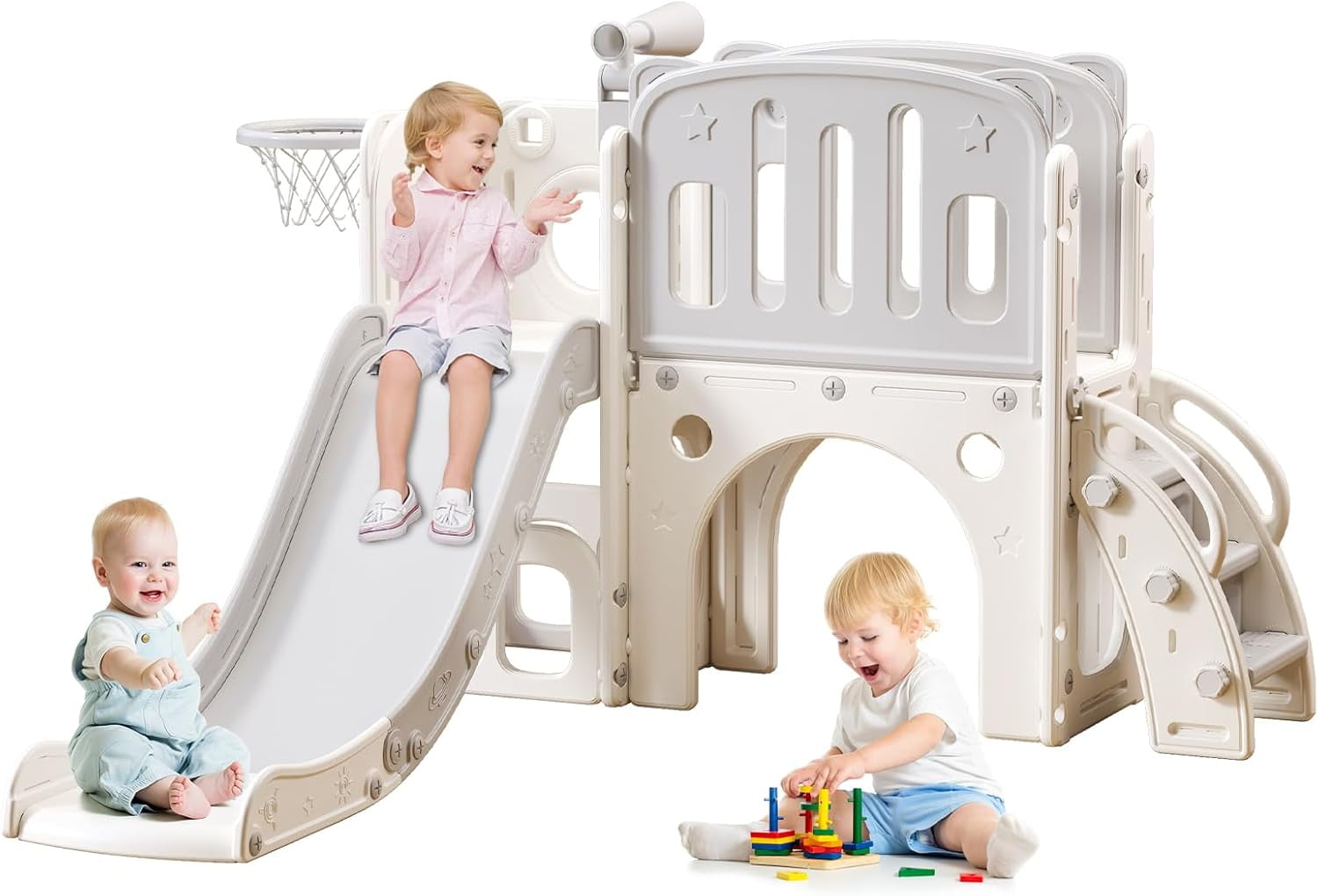 EAYSG 8 in 1 Toddler Slide, Extra-Long Slide with Basketball Hoop Indoor and Outdoor Baby Climber Playset Playground Freestanding Slide (M/White+Grey)