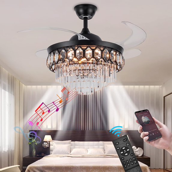 EAYSG Crystal Ceiling Fan with Lights Smart Bluetooth Music Player,42 Inch LED Reverse Dimmable Remote Control Retractable Invisible Blades Indoor Ceiling Fan for Living Room, Polished Chrome