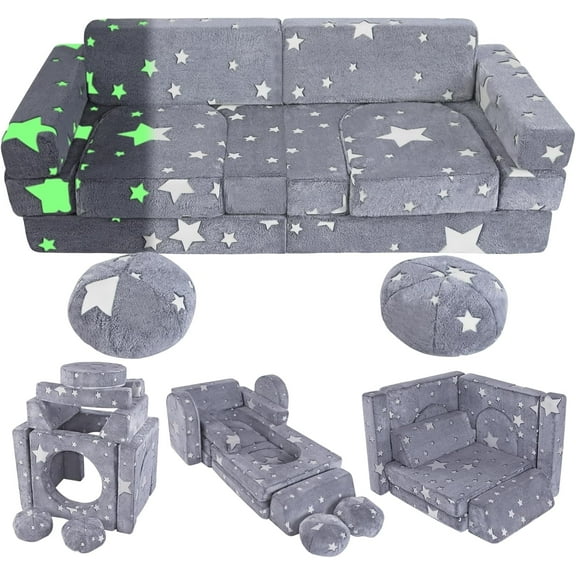EAYSG Foam Modular Kids Couch Sofa, 13PCS Kids Play Couch, Glowing Toddler Couch Convertible Baby Play Couch Children Sofa for Playroom Bedroom (Gray)