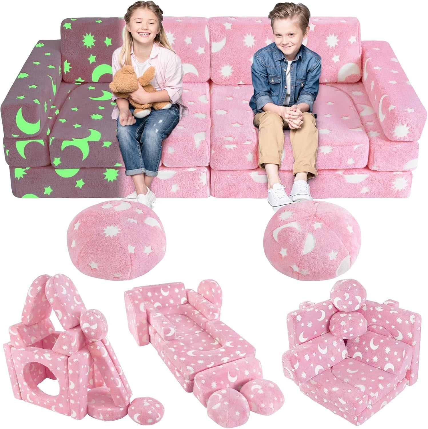 EAYSG Foam Modular Kids Couch Sofa, 13PCS Kids Play Couch, Glowing Toddler Couch Convertible Baby Play Couch Children Sofa for Playroom Bedroom (Pink)