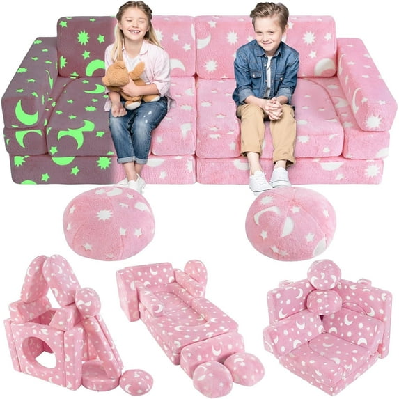 EAYSG Foam Modular Kids Couch Sofa, 13PCS Kids Play Couch, Glowing Toddler Couch Convertible Baby Play Couch Children Sofa for Playroom Bedroom (Pink)